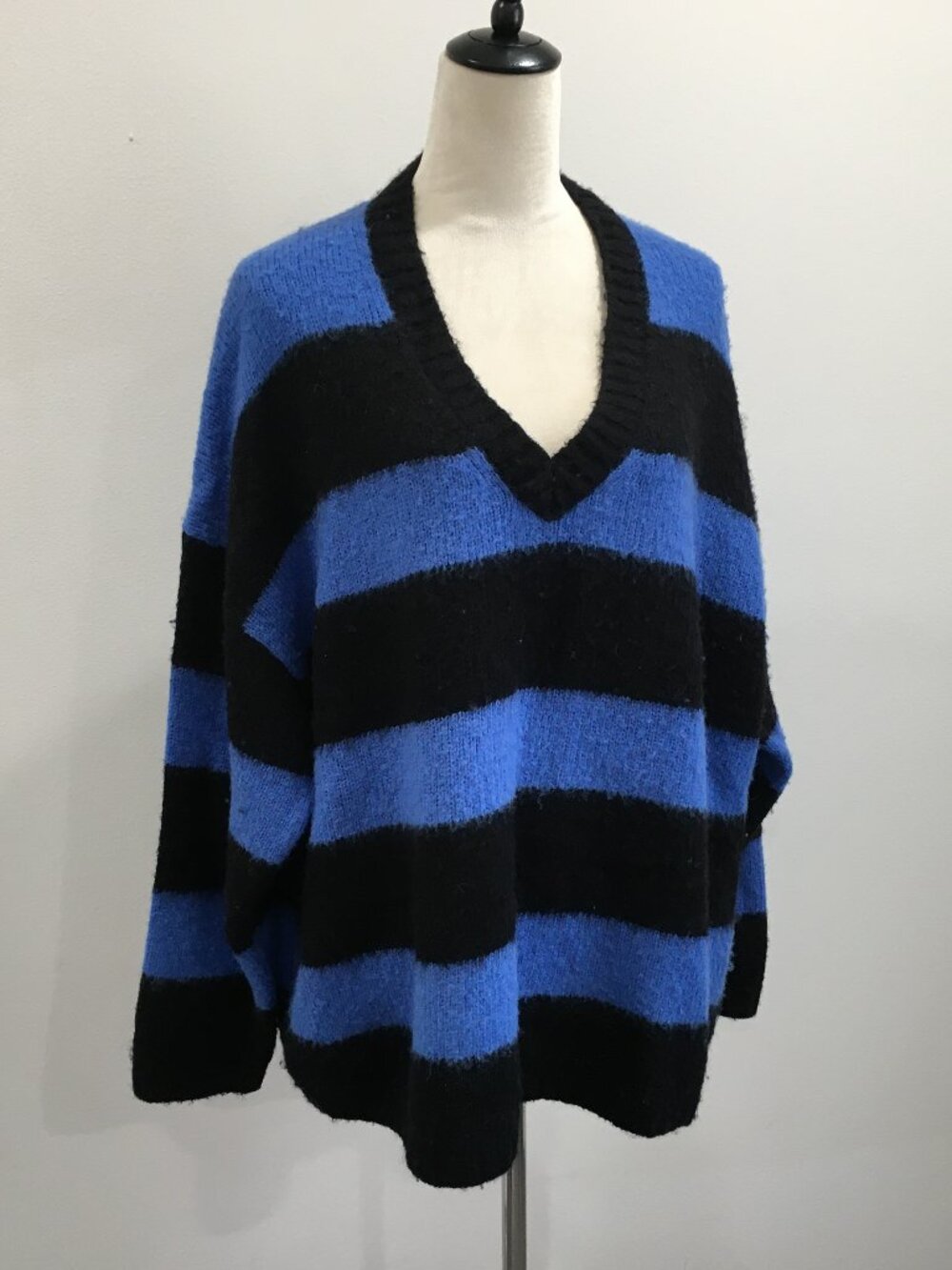 ALL SAINTS Loose Fit Italian Wool Blend Knit Wide Striped Dolman Sleeve Sweater